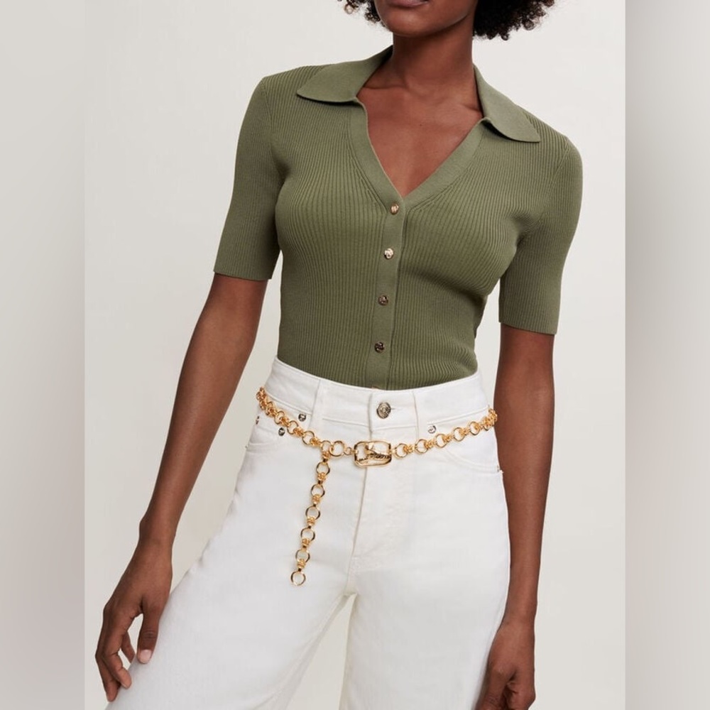 *SOLD* Maje Knit Polo Shirt with Small Gold Buttons